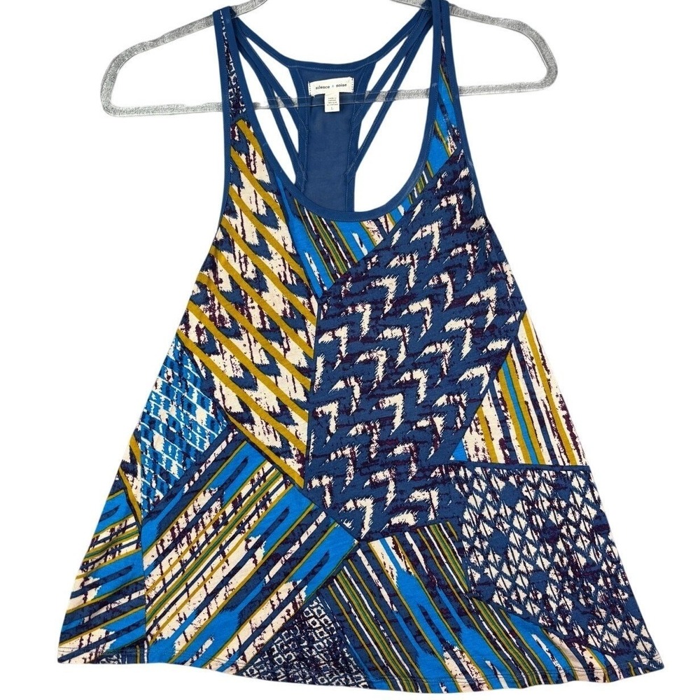 Silence + Noise Blue Geometric‎ Patchwork Strappy Mesh Racerback Tank Top Large